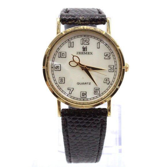 Zeemex Accessories Vintage Zeemex Watch Mens Gold Tone Stainless Steel Scissors Dial Leather